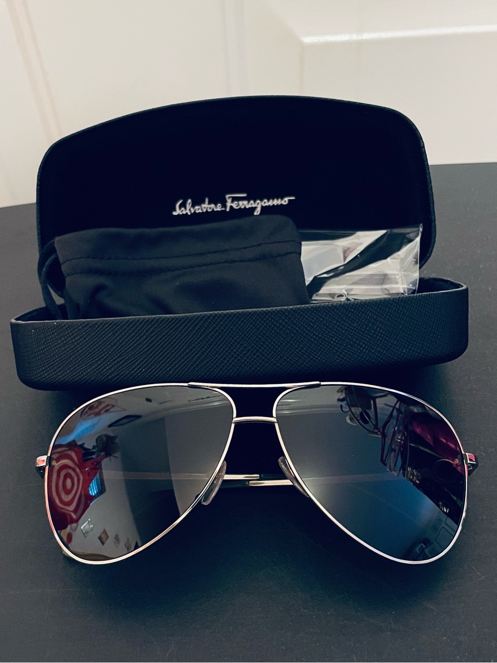 Salvatore Ferragamo Gold Metal Gancini Hinge Aviators + Hard Case